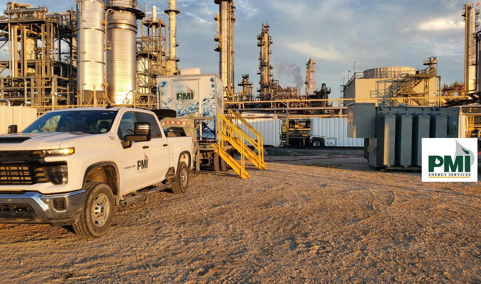 PMI water recycling trailer and truck set up at a chemical plant