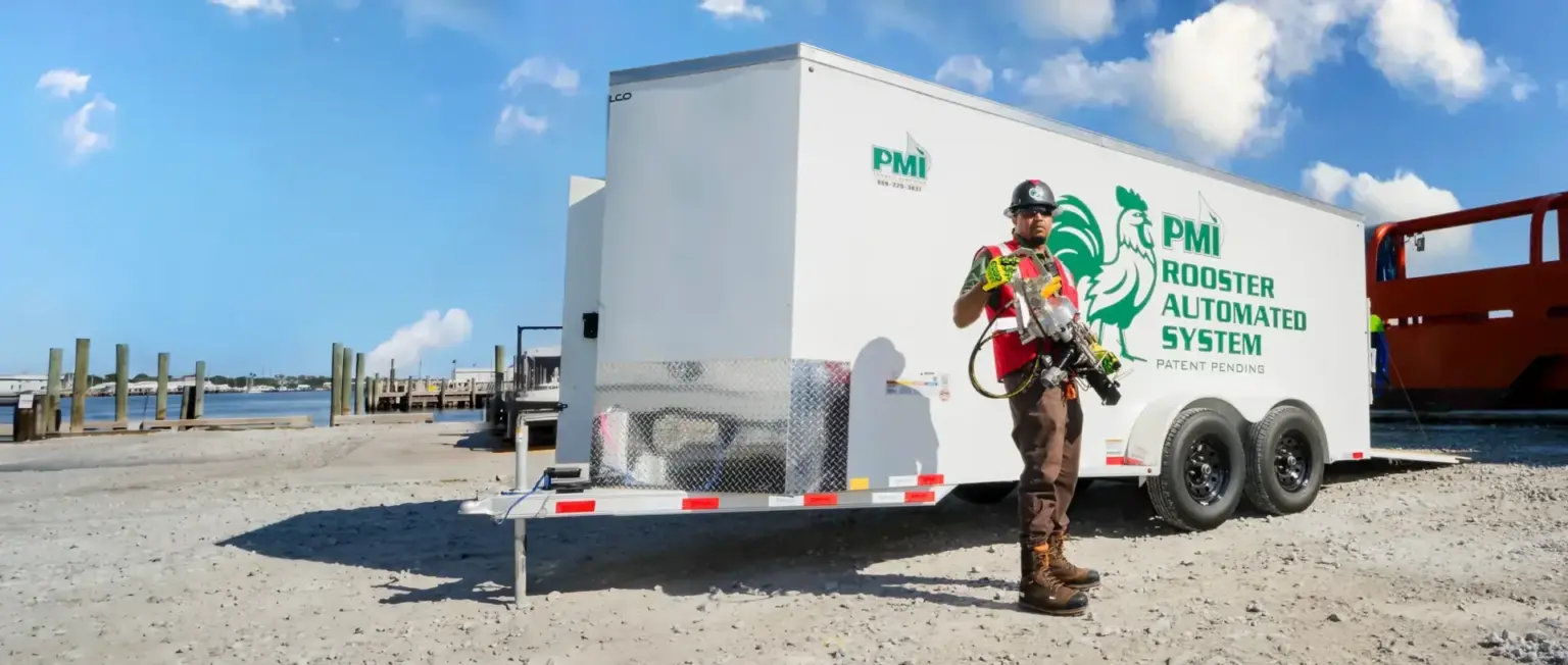 PMI operator holding a cleaning head beside the RoosterEX Automated System trailer
